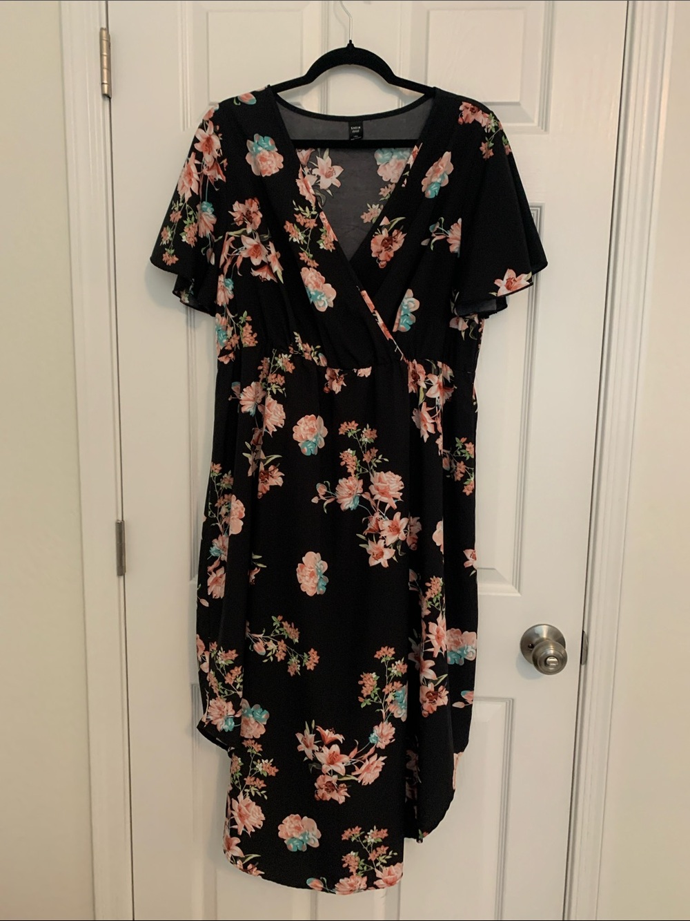 SHEIN Black Floral Wrap Maxi Dress with Pink & Teal Blooms